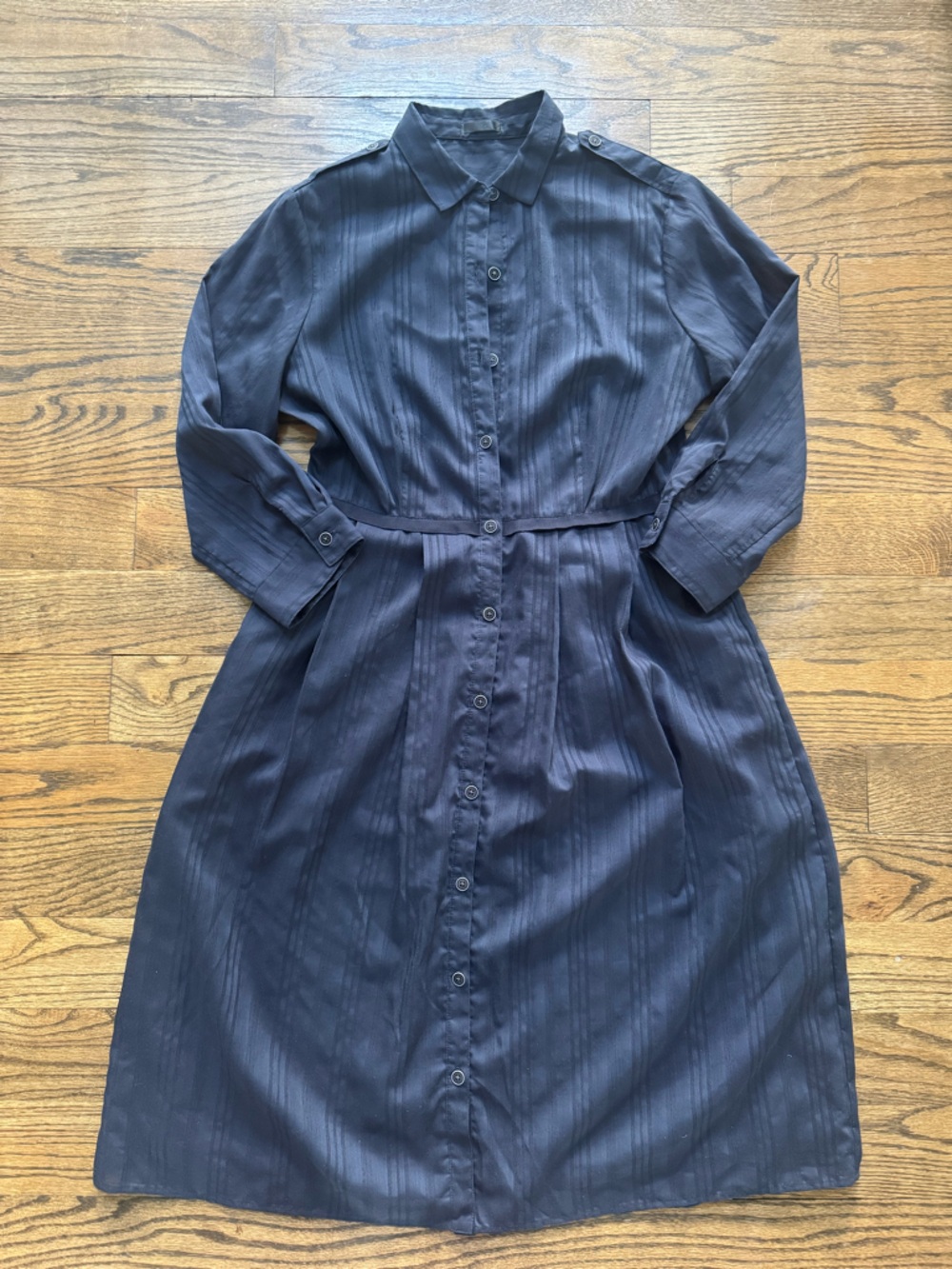 ATM Satin Stripe Shirt Dress Navy Blue Belted Button Front Midi Medium
